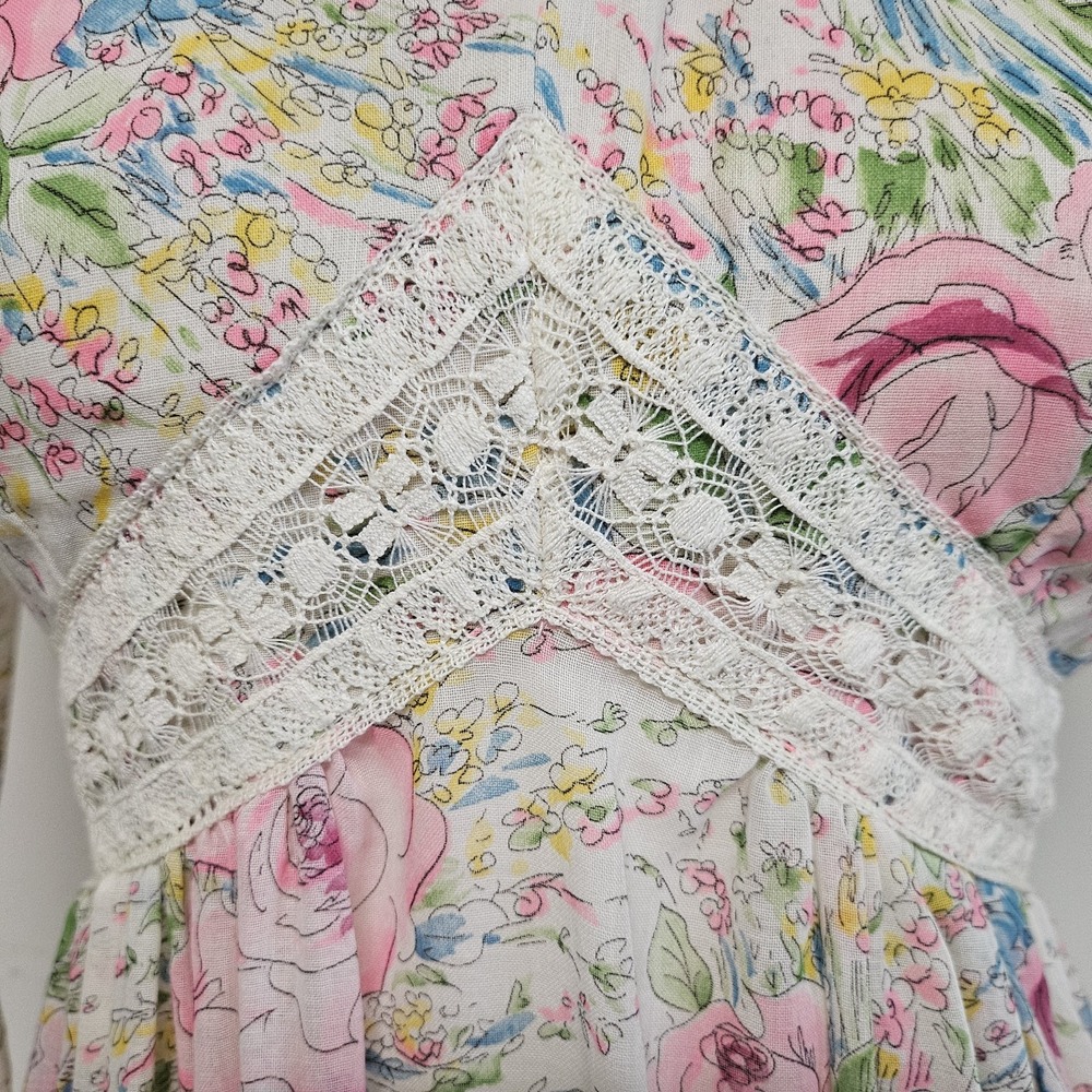 Vintage 70s Act I Floral Watercolor Maxi Prairie Dress Size S Hippie Cottagecore - Picture 6 of 10